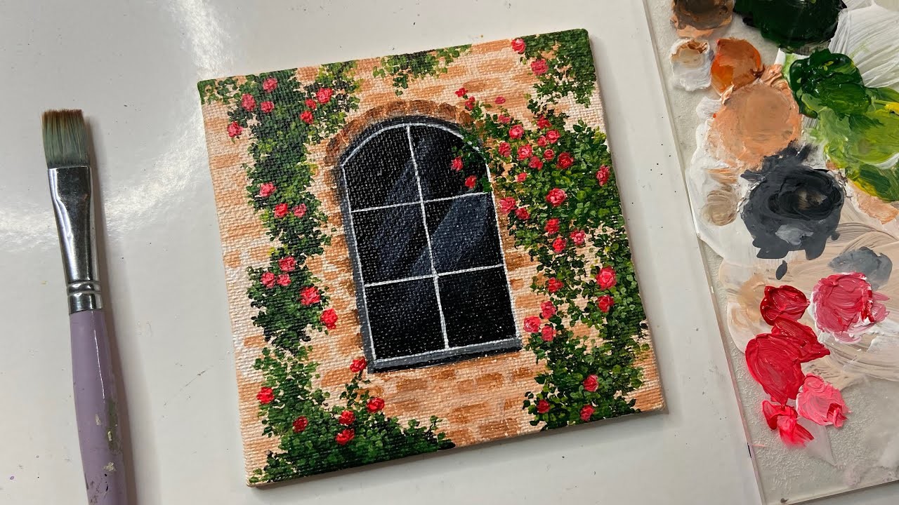 Flowers in window painting. acrylic painting tutorial. acrylic painting for beginners