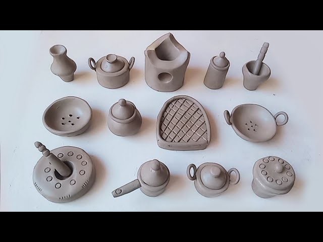 How to make full clay kitchen tools and equipment,miniature clay kitchen set,mitti ke khilone