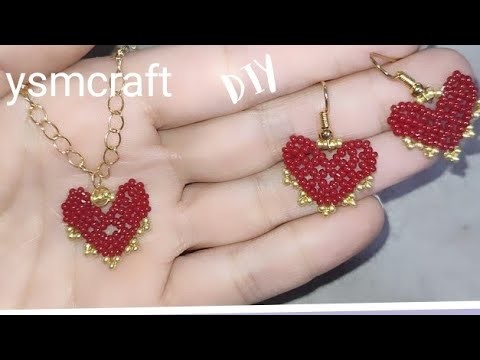 KUM BONCUK MİNİ kalp ♥️KOLYE VE KÜPE SETİ YAPIMI.SEED BEADS HEARTS NECKLACE AND EARRİNGS