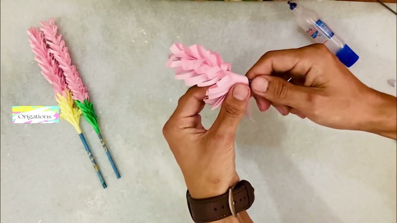 Origami stick flowers | home décor | paper craft | #origami #origamitutorial #papercraft