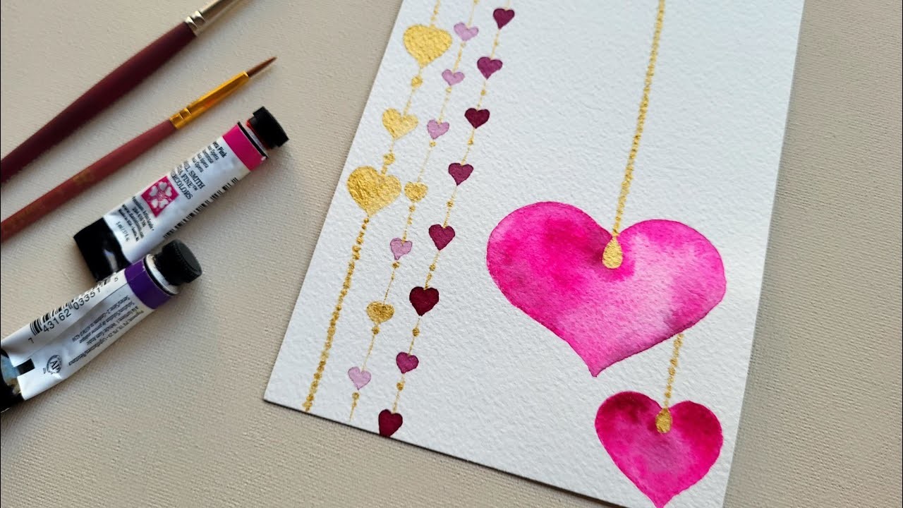 Easy and Cute Pink Hearts in Watercolor | Valentine's Day  Card Ideas | Painting Process