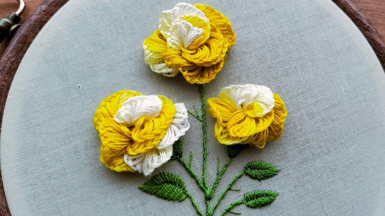 Flower embroidery tutorials.3D flower embroidery.Cast on stitch rose embroidery