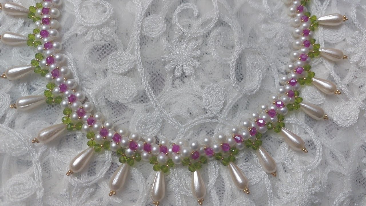 HANDMADE PEARL RUBY AND PERIDOT NECKLACE#how TO MAKE PEARL JEWELRY #DIY  Pearl and crystal necklac