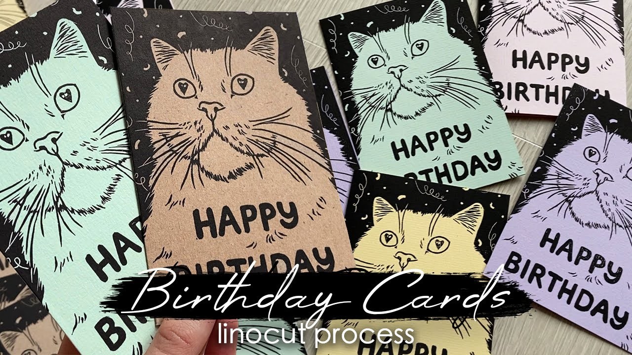 Linoprinting Cat Birthday Cards