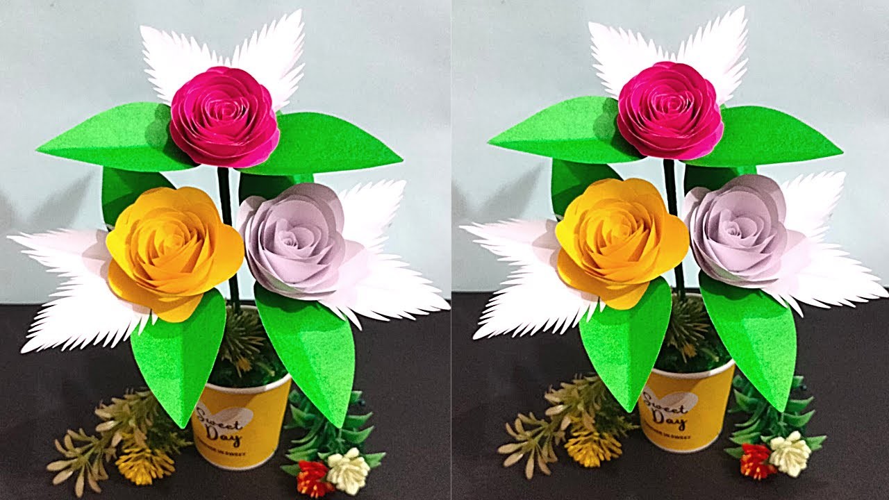 Making Beautiful Rose Flower With Paper.Diy Home Decoration Paper Flower Bouquet.Easy Paper Craft