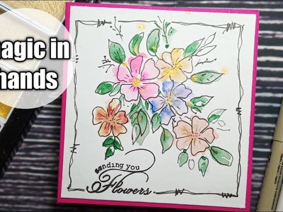 Watercolor and doodles on handmade mini birthday card by magic in hands. 