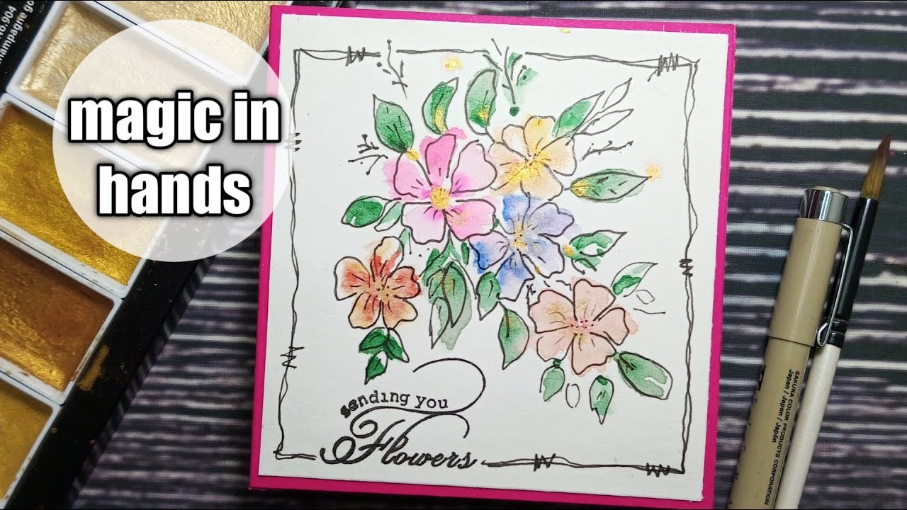 Watercolor and doodles on handmade mini birthday card by magic in hands. 