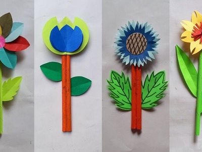 4 Easy Paper Flowers Making।। Paper Craft।। Flowers stick।। DIY Home Decor।। Handmade Gift Ideas।।