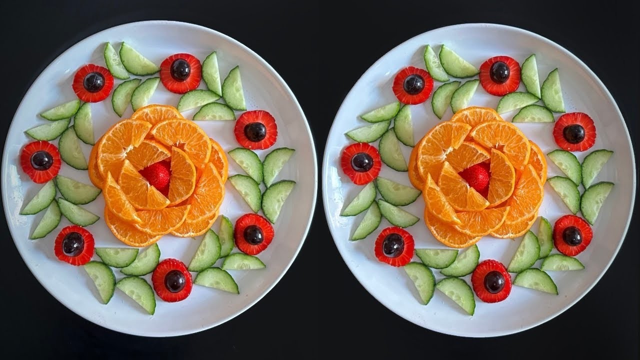 Beautiful Fruits Decoration.Orange,Strawberry, Grapes & Cucumber Plate Decoration. Easy Fruits Art