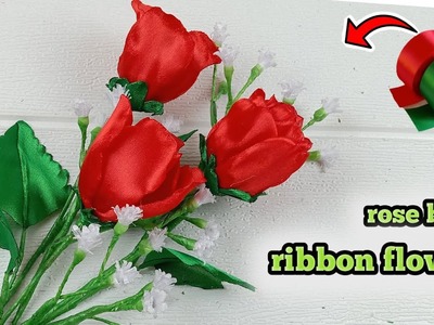 Bunga mawar merah dari pita satin || rose bud satin ribbon flowers
