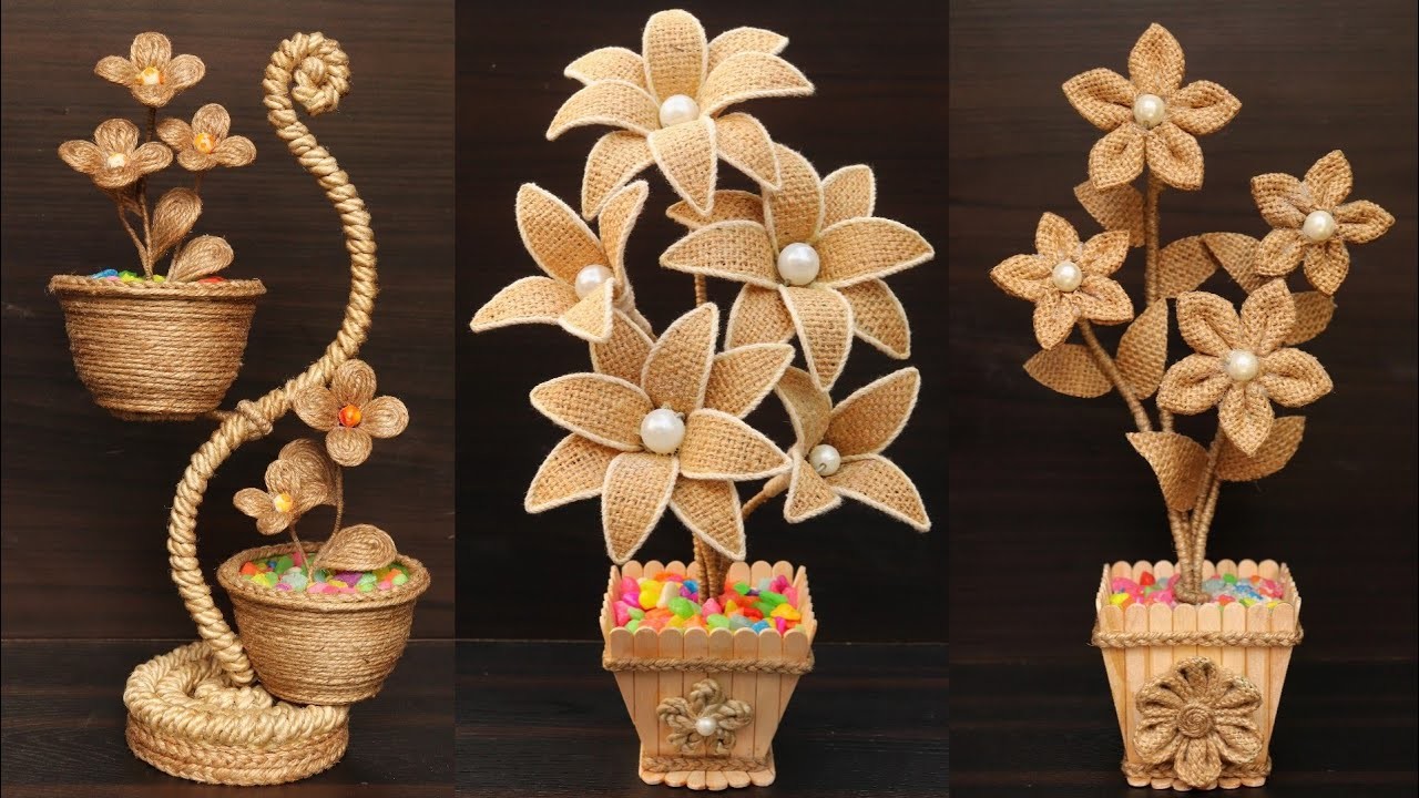 Jute flower and flower vase making ideas | handmade home decoration with jute flower pot