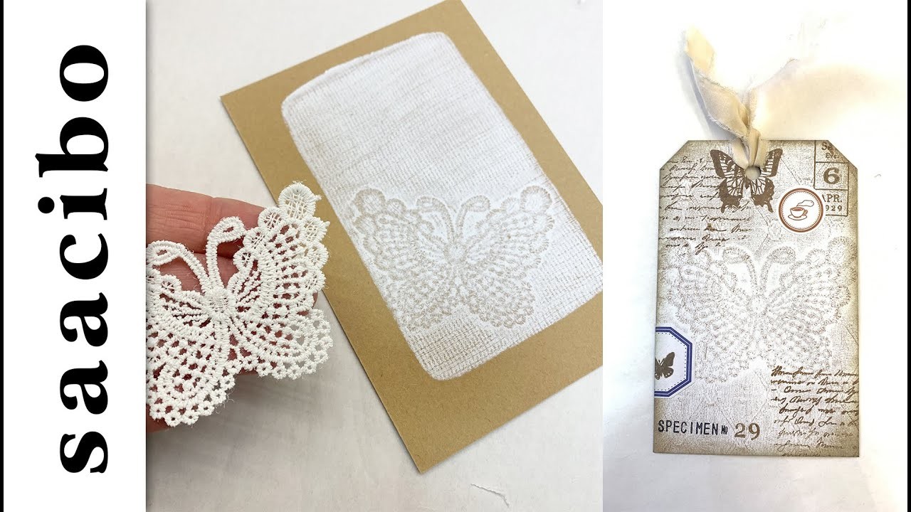 Stamping with Fabric and Lace on Brown Paper to Mass Make Tag Bases