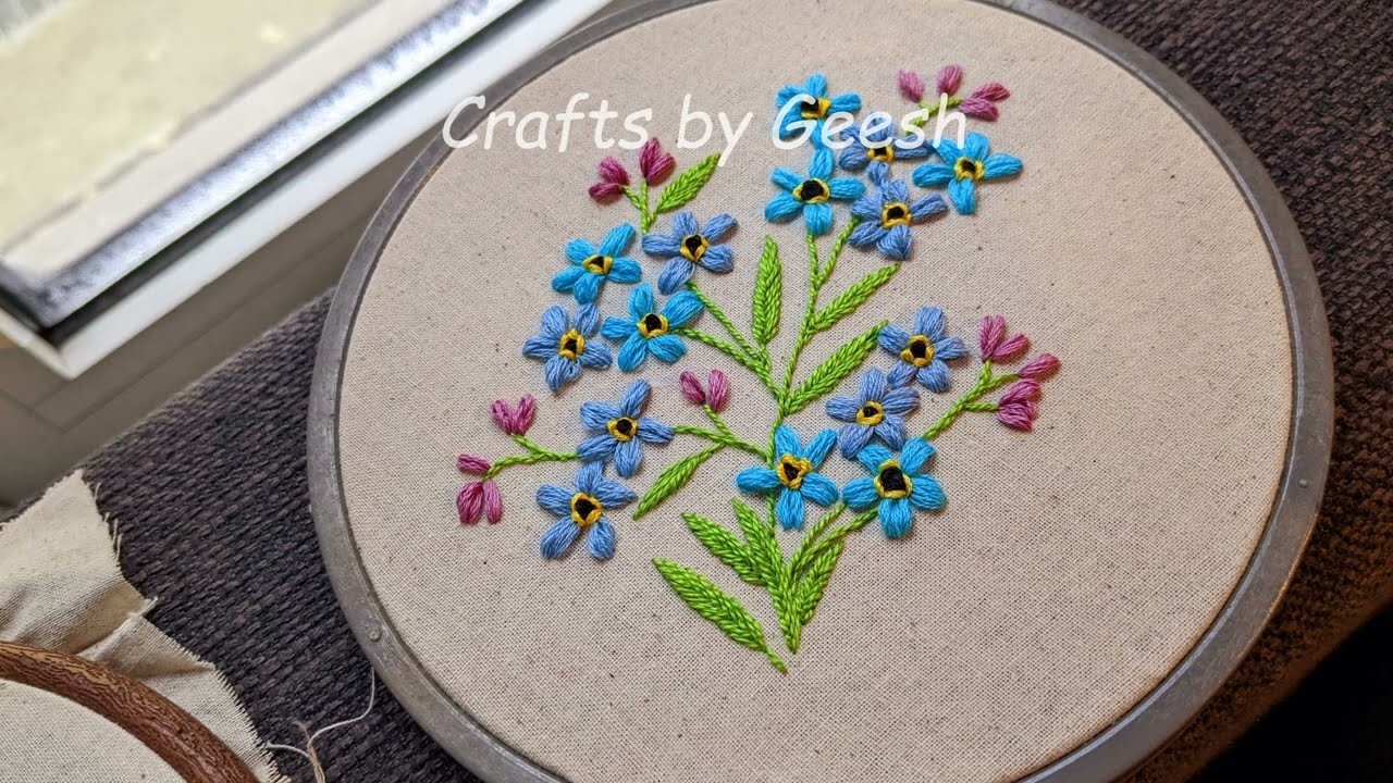 Forget Me Not flowers hand embroidery design tutorial - Loop stitch, stem stitch, Fish bone stitch