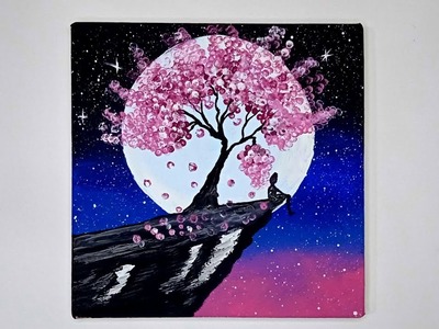 How to paint the cherry Blossom under Moonlight.Acrylic painting Technique #kimiapainting #art #how