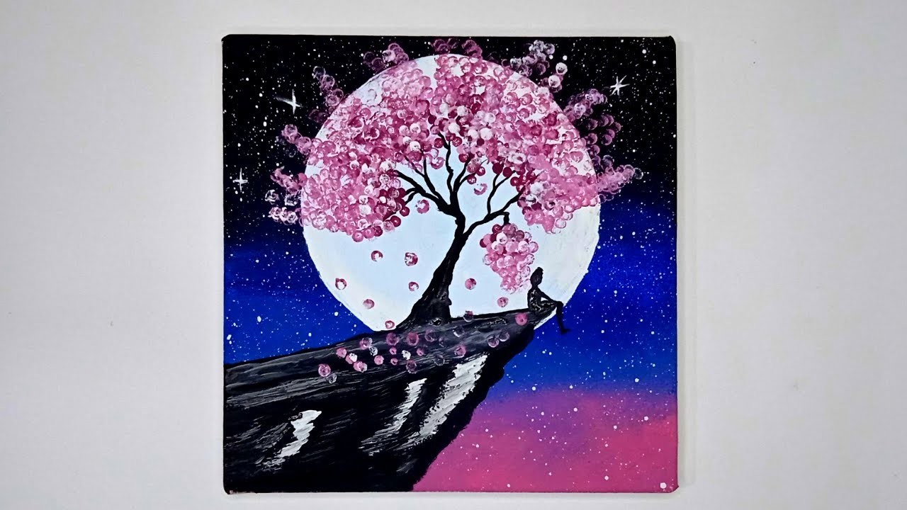 How to paint the cherry Blossom under Moonlight.Acrylic painting Technique #kimiapainting #art #how