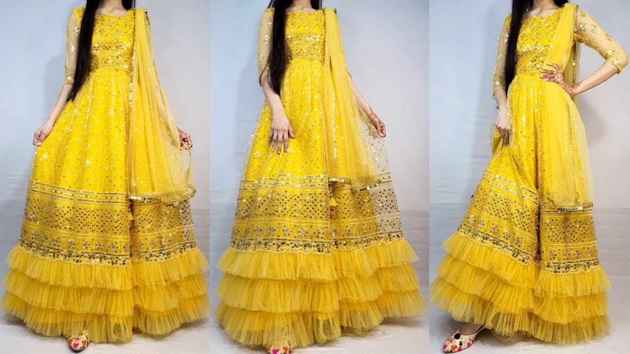 Ruffle layerd designer lehenga cutting and stitching. Haldi ceremony lehenga. Party wear lehenga