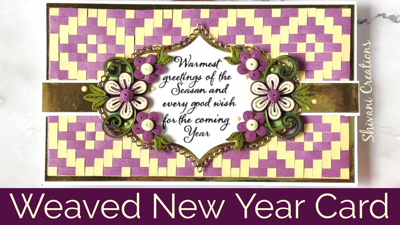 Quilled New Year Greeting Card. How to make Weaving Background. Paper Strips Weaving