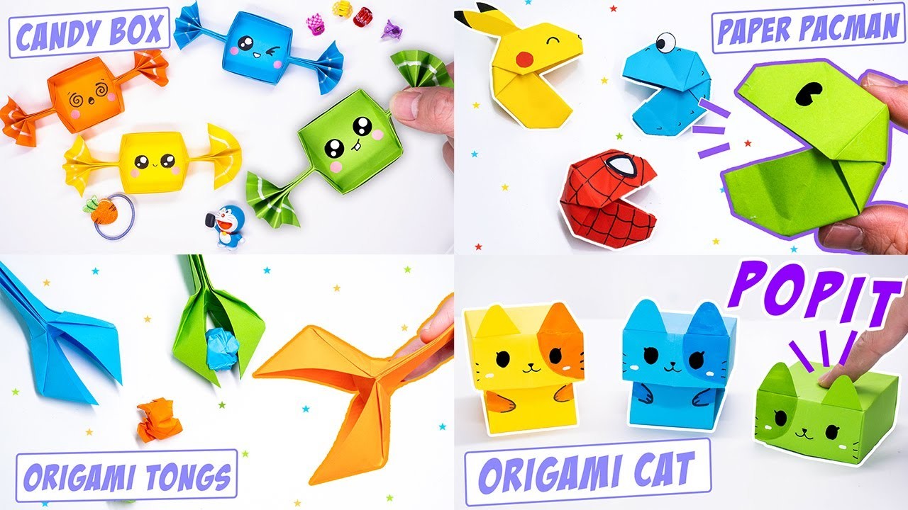 04 Cute Origami Toys || Candy box. Paper Pacman. Pop it Cat. Moving Paper toy