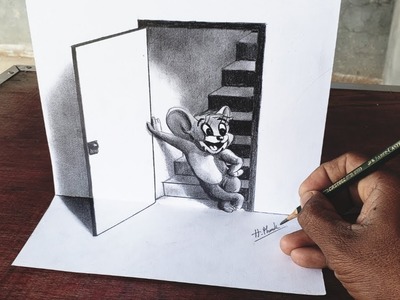 How to Draw Jerry Mouse || In 3D door || Black pencil drawing