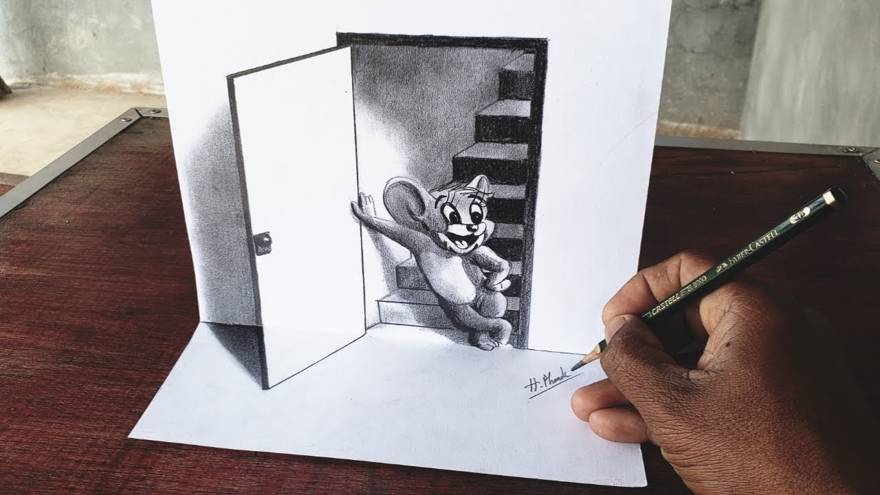 How to Draw Jerry Mouse || In 3D door || Black pencil drawing