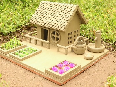 Amazing technique build DIY miniature house || miniature clay house with garden, water pump & plants