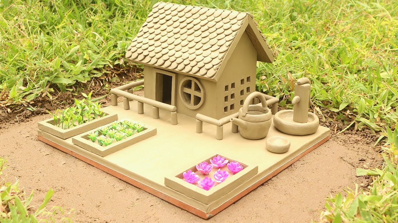 Amazing technique build DIY miniature house || miniature clay house with garden, water pump & plants