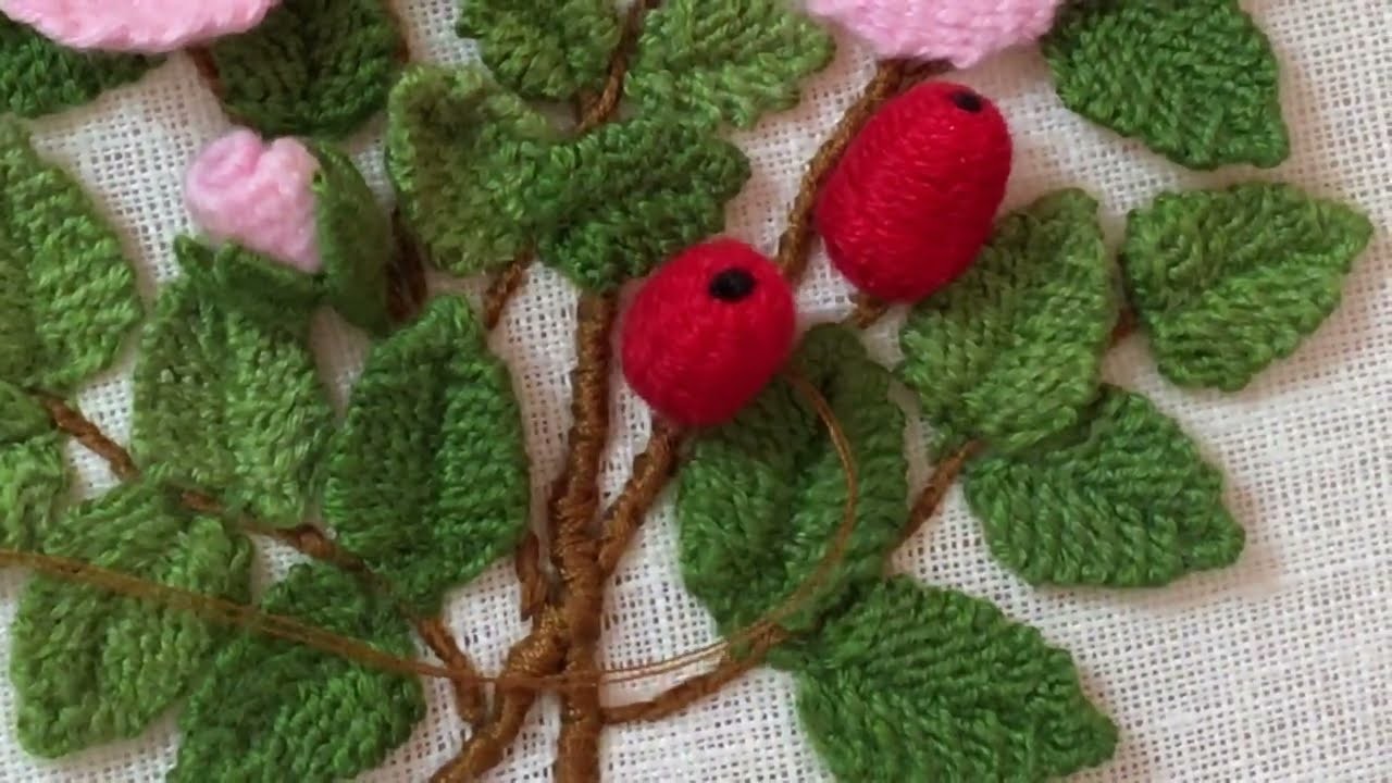 Realistic looking leaves with woven picot stitch - Wild rose branch 3d embroidery tutorial ( Part3 )