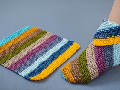 Bright knitted slippers out of leftover yarns - very simple and quick!