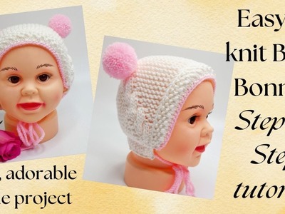 Knitted baby bonnet. easy baby knitting design, baby hat knitting pattern, beginners friendly