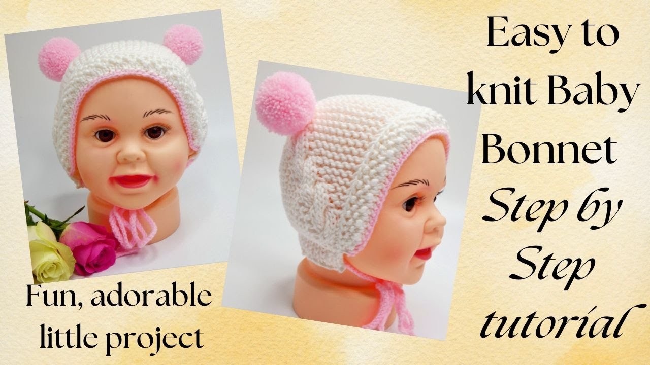 Knitted baby bonnet. easy baby knitting design, baby hat knitting pattern, beginners friendly