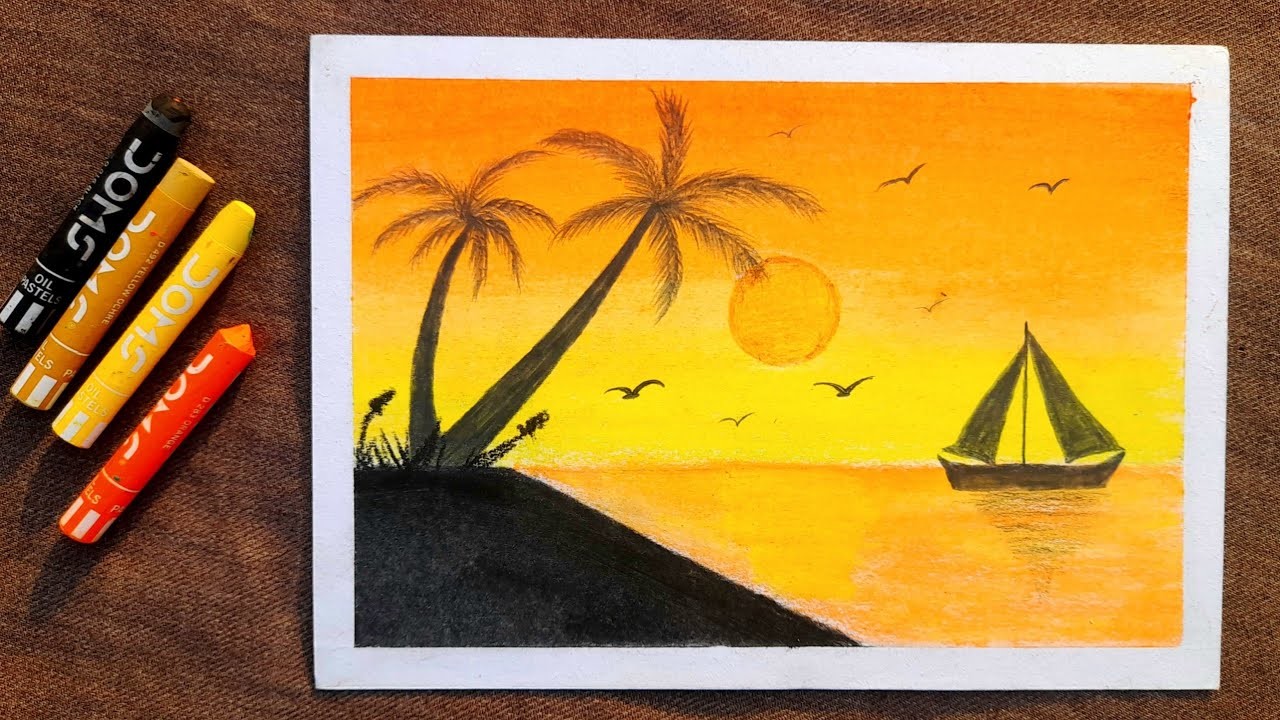 Beautiful sunset scenery drawing with oil pastel for beginners, step by