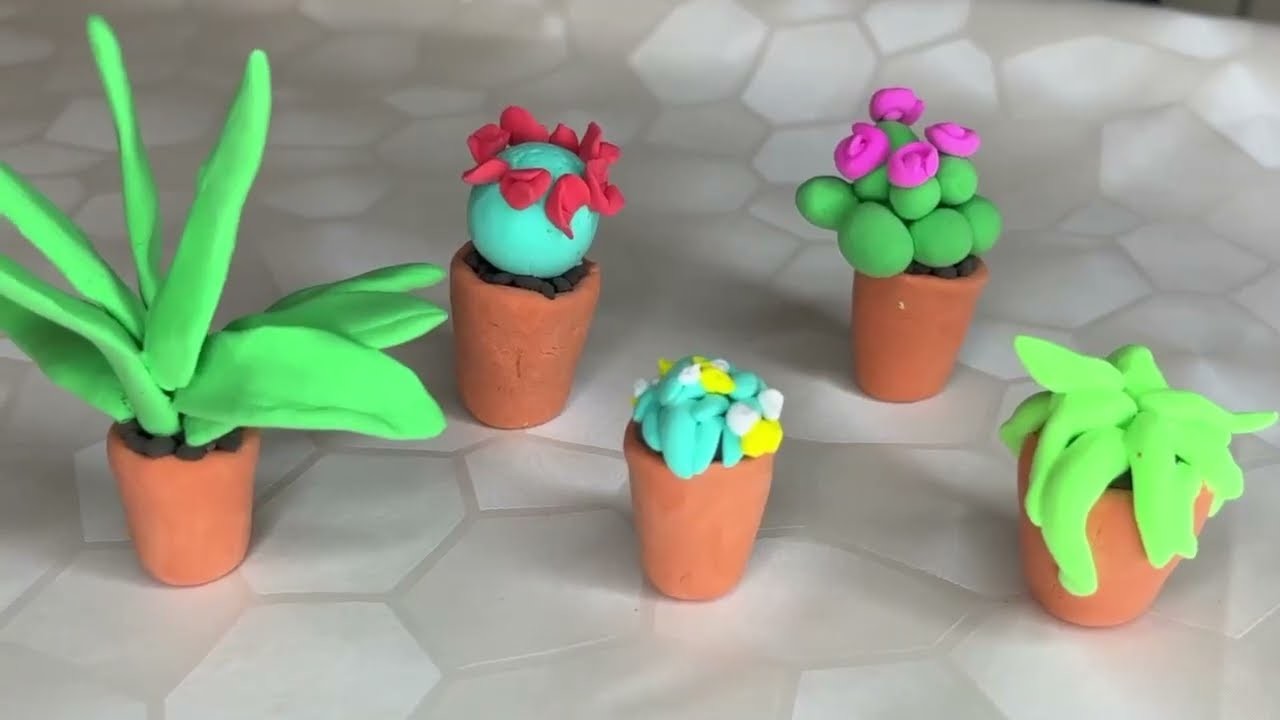 DIY how to make polymer clay miniature plants, cactuses, flowers and succulents