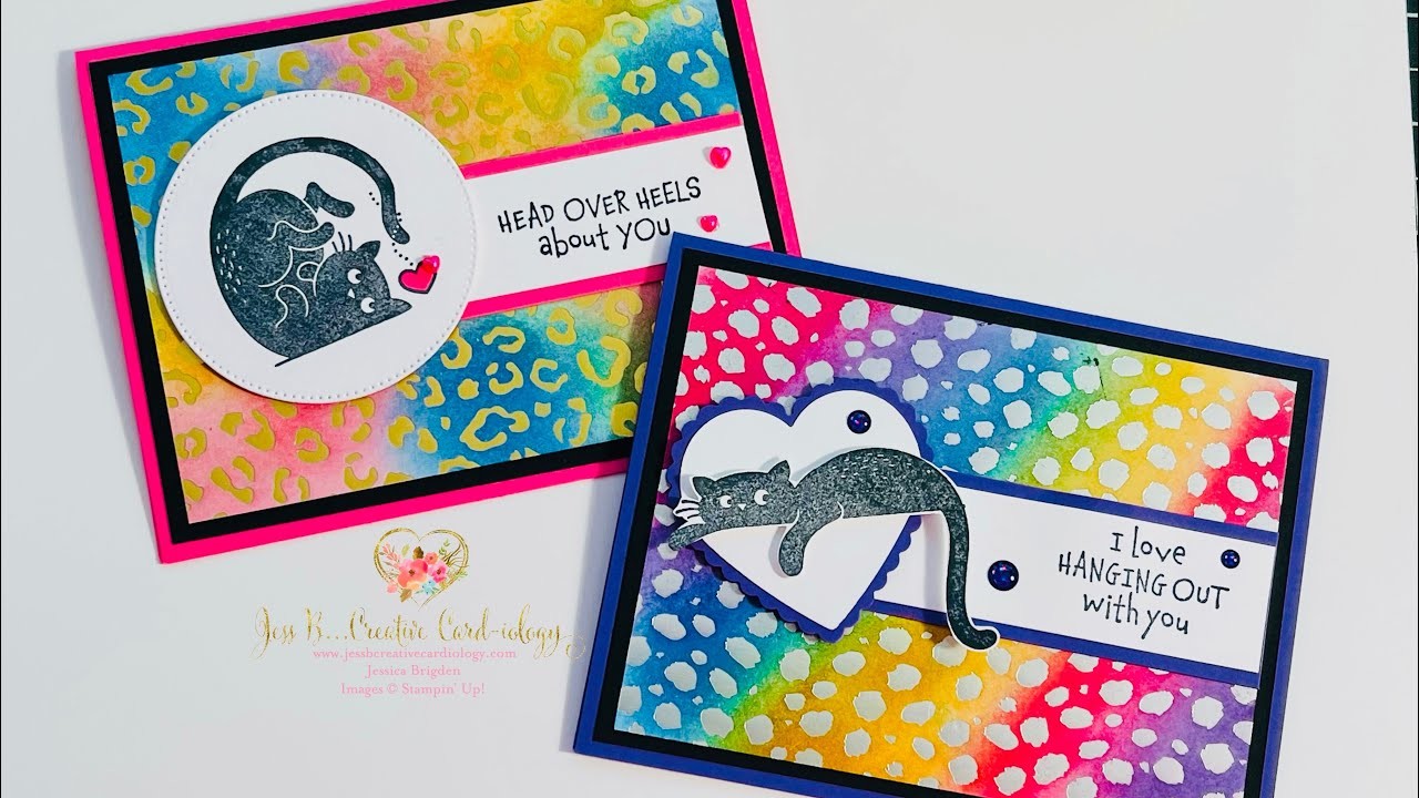 FTHF 169: Stampin’ Up! Love Cats Rainbow Animal Print Emboss Resist “Lisa Frank” Technique Cards