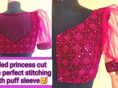 Padded princess cut blouse perfect stitching| puff sleeve| velvet blouse| net blouse|  #shitalpatil