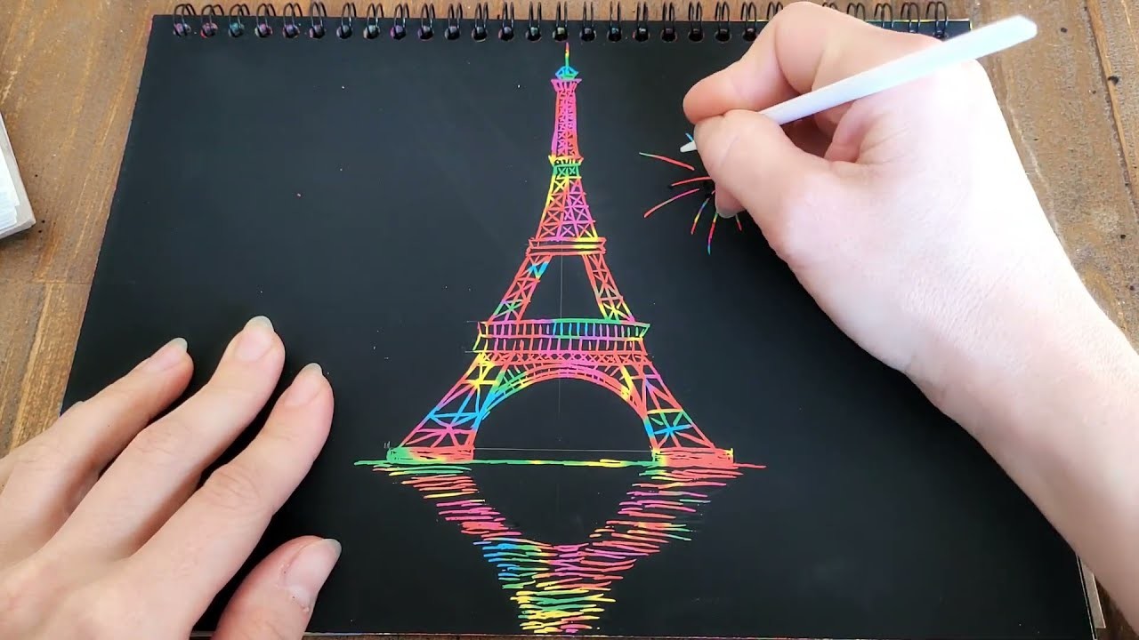 Paris - Eiffel Tower Drawing Colorfull - Scratch Art Rainbow Paper