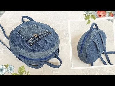 DIY Interesting Round Denim Backpack Out of Old Jeans | Bag Tutorial | Upcycle Craft