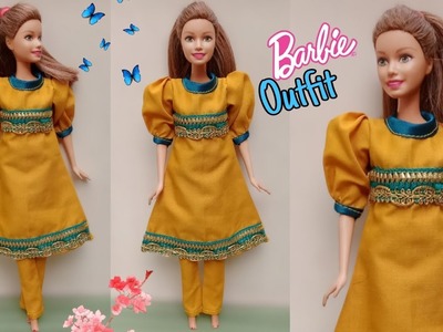 Making beautiful puffy sleeves frock and pant for Barbie doll||A-Doll designer❤️