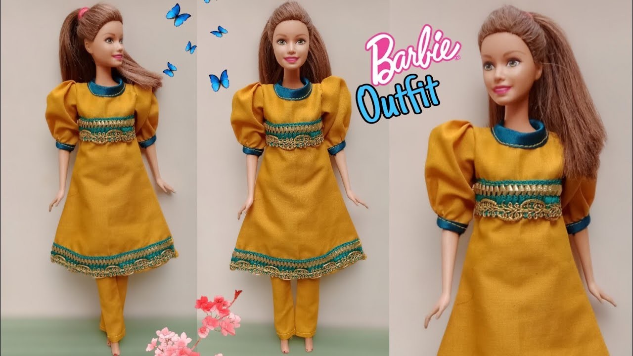 Making beautiful puffy sleeves frock and pant for Barbie doll||A-Doll designer❤️