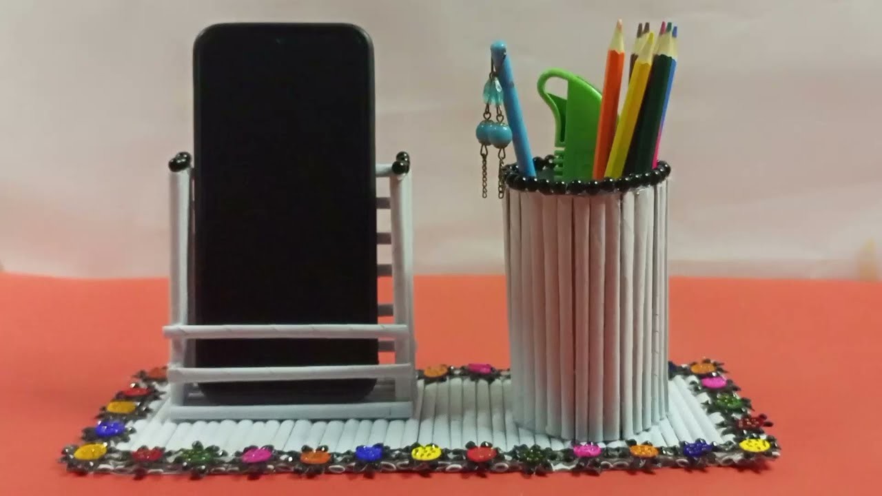 Paper Mobile Stand & Pen Holder Making idea With Paper | DIY Desktop Organizer for Table #papercraft