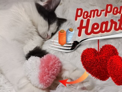 Pom Pom Heart Making with Fork - Best Idea to St. Valentine's Day