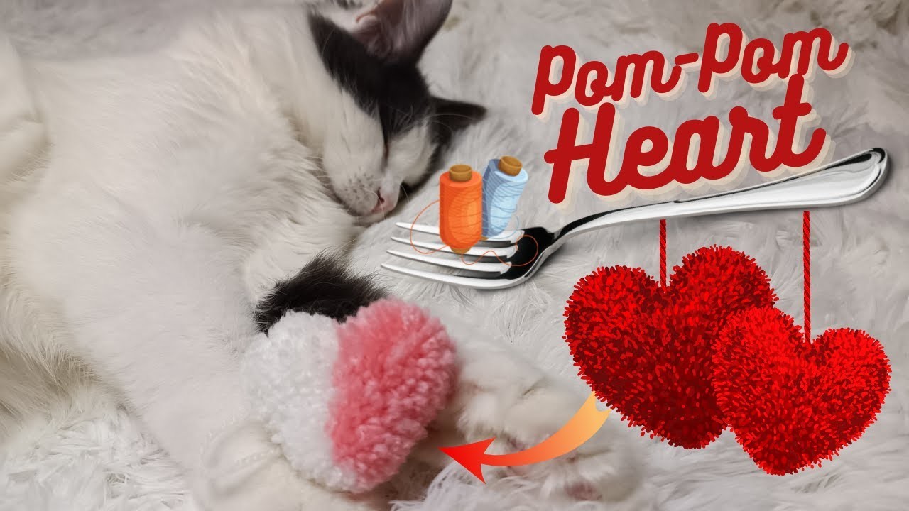 Pom Pom Heart Making with Fork - Best Idea to St. Valentine's Day