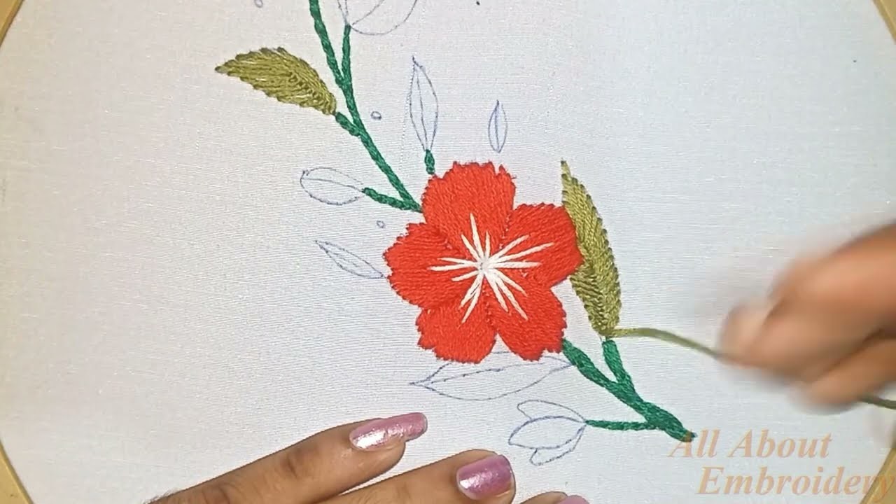 ALL OVER HAND EMBROIDERY- Satin Flower Tutorial | Fishbone Style Leaf | Chain Stitch For Beginners