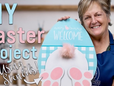 Paint the CUTEST Easter Bunny Wood Sign with Stencils | DIY Front Door Decor