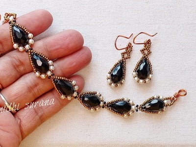 Boldly Black, Teardrop Crystal Bracelet & Earrings.Handmade jewelry.Pulsera Aretes Tutorial diy