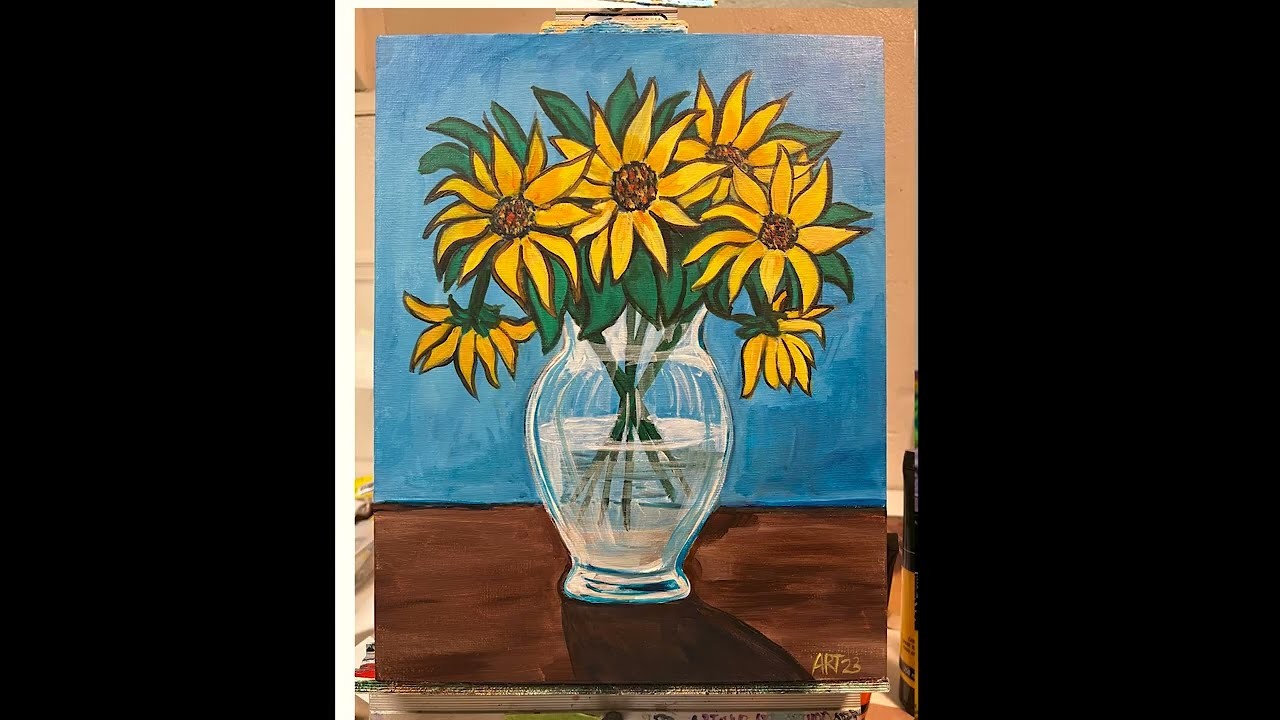 Sunflower step by step painting tutorial, acrylic paint.