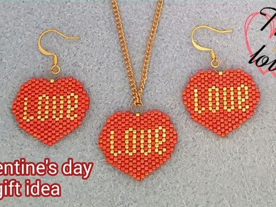 Heart jewelry.Valentine's day gift idea.Brick stitch earrings.Necklace.Handmade jewelry.DiyBeading