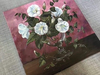 White Morning Glory in Glass Vase ||Step-by-Step Acrylic Painting Tutorial For Beginners