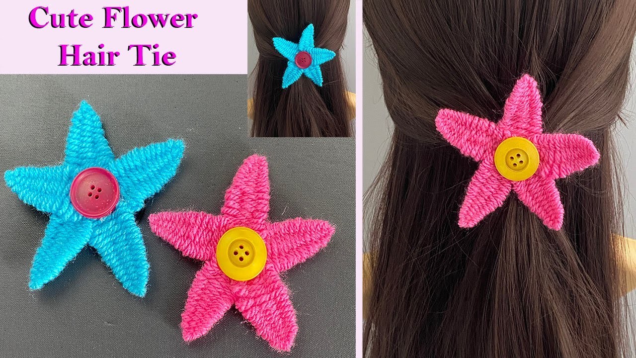 ???? How to make a Cute Flower Hair Tie with Knitting Yarn & Button | Hair band | laço de cabelo flor