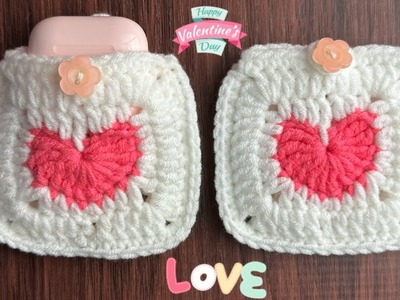 Super Cute???? Heart Granny Square Mini Bag for Valentine. Crochet Heart Earphone Case