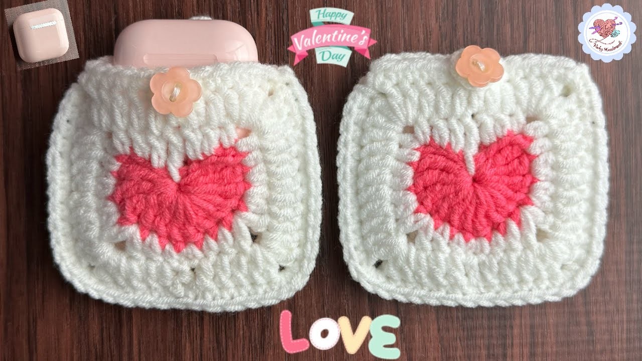 Super Cute???? Heart Granny Square Mini Bag for Valentine. Crochet Heart Earphone Case